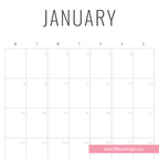 A minimalist January calendar page with a grid layout, black 'JANUARY' text at the top, and a pink strip at the bottom containing the website www.lillibean designs.