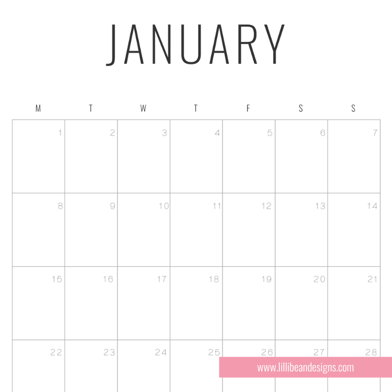A minimalist January calendar page with a grid layout, black 'JANUARY' text at the top, and a pink strip at the bottom containing the website www.lillibean designs.