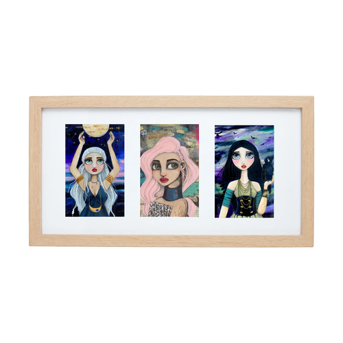 Three framed artworks of stylized female characters with a wooden frame on a white background.