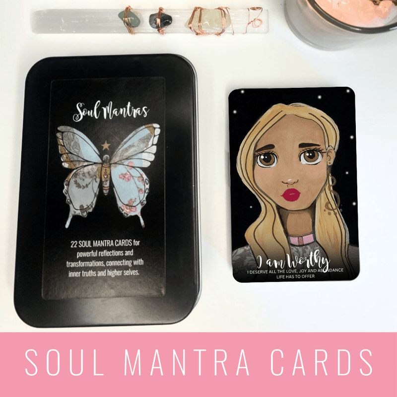 Soul Mantra Cards with a butterfly design and a card featuring a woman's face on a white surface. LilliBean Designs