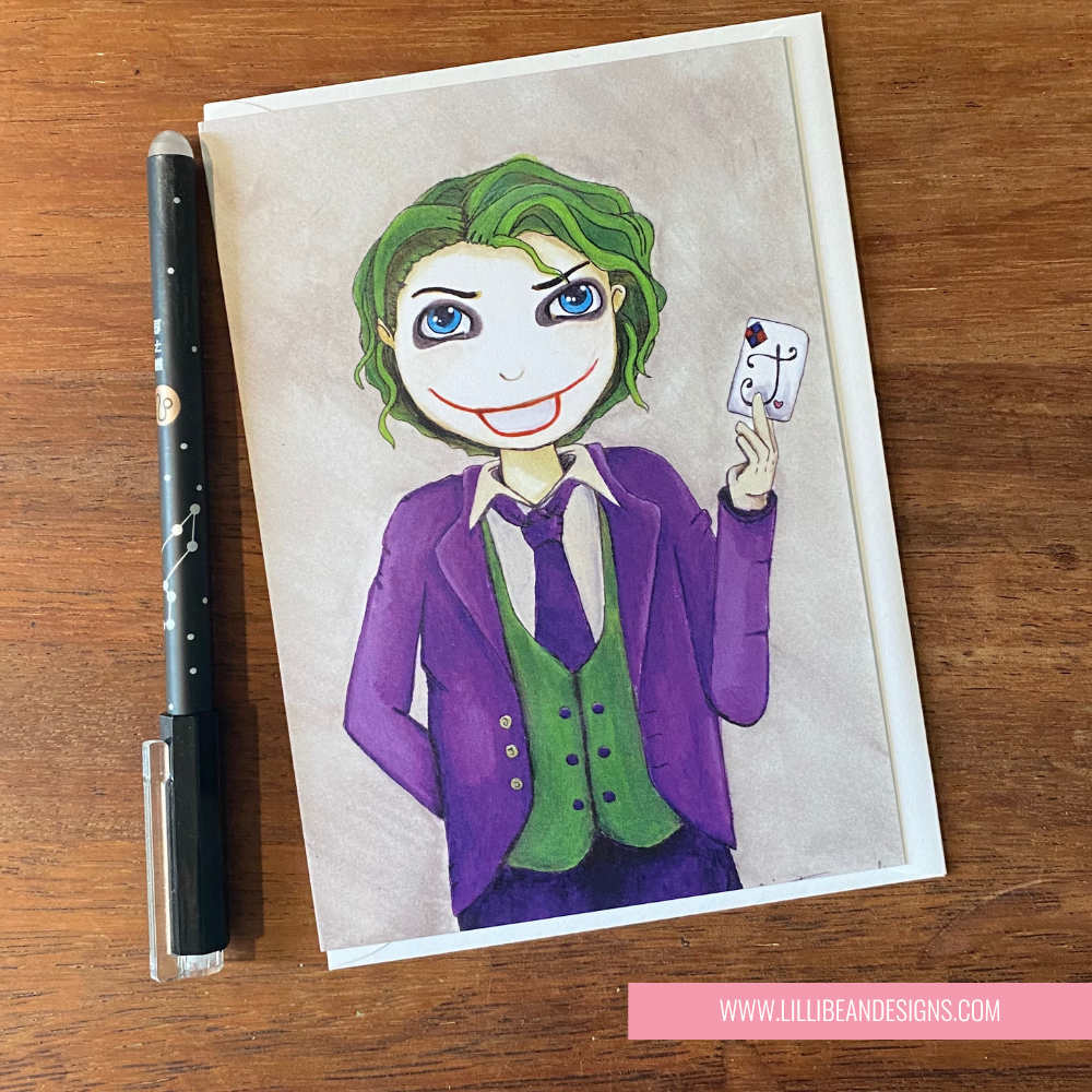 Illustration of a character in a purple suit with green hair and a card, on a wooden surface with a pen.