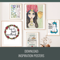 A collage of five framed art prints displayed on a light wall, with a dark green banner at the bottom reading 'DOWNLOAD: INSPIRATION POSTERS'. The prints feature whimsical illustrations including a girl with a pink headdress, a unicorn, a floral wreath saying 'keep it simple sweetheart', and other decorative text-based artwork.