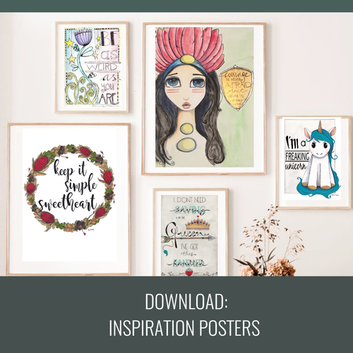 A collage of five framed art prints displayed on a light wall, with a dark green banner at the bottom reading 'DOWNLOAD: INSPIRATION POSTERS'. The prints feature whimsical illustrations including a girl with a pink headdress, a unicorn, a floral wreath saying 'keep it simple sweetheart', and other decorative text-based artwork.