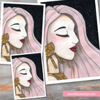 Illustration of a woman with pink hair and gold earrings on a starry night background.