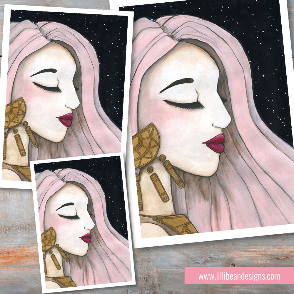 Illustration of a woman with pink hair and gold earrings on a starry night background.