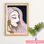 Framed artwork of a woman with pink hair against a starry night sky, next to a plant on a white wall.