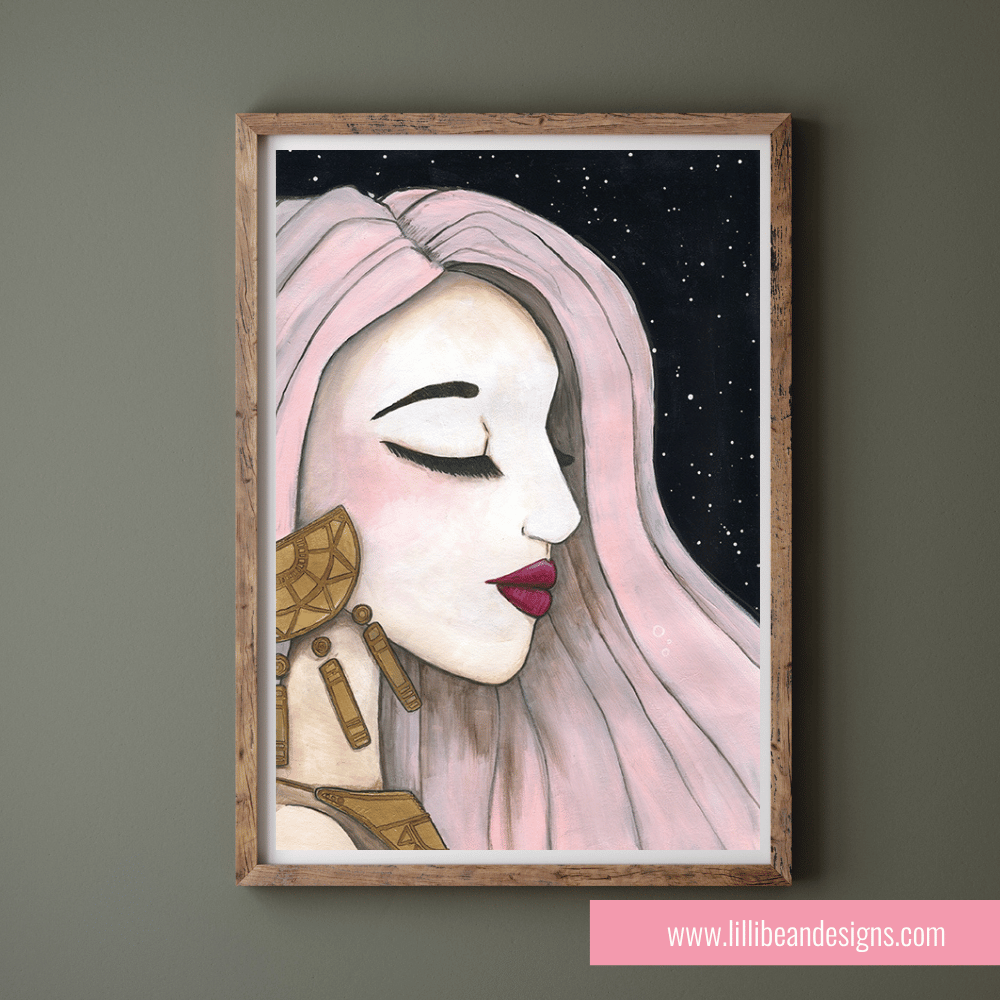 Framed artwork of a stylized face with pink hair and gold accents on a dark background.