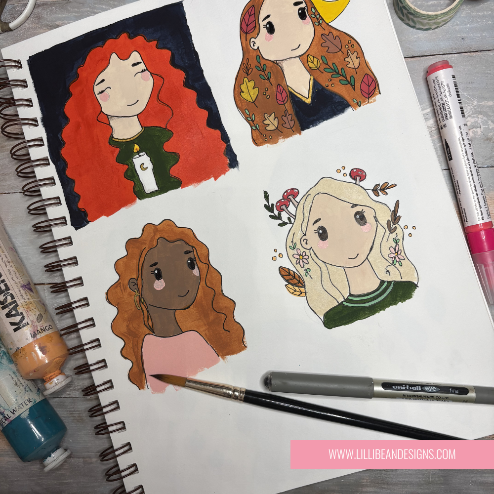 A spiral-bound sketchbook page showing four colorful illustrated portraits of women, styled with paint tubes, markers, a paintbrush, and a pen on a gray wood surface. A pink banner at the bottom reads www.
