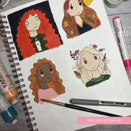 A spiral-bound sketchbook page showing four colorful illustrated portraits of women, styled with paint tubes, markers, a paintbrush, and a pen on a gray wood surface. A pink banner at the bottom reads www.