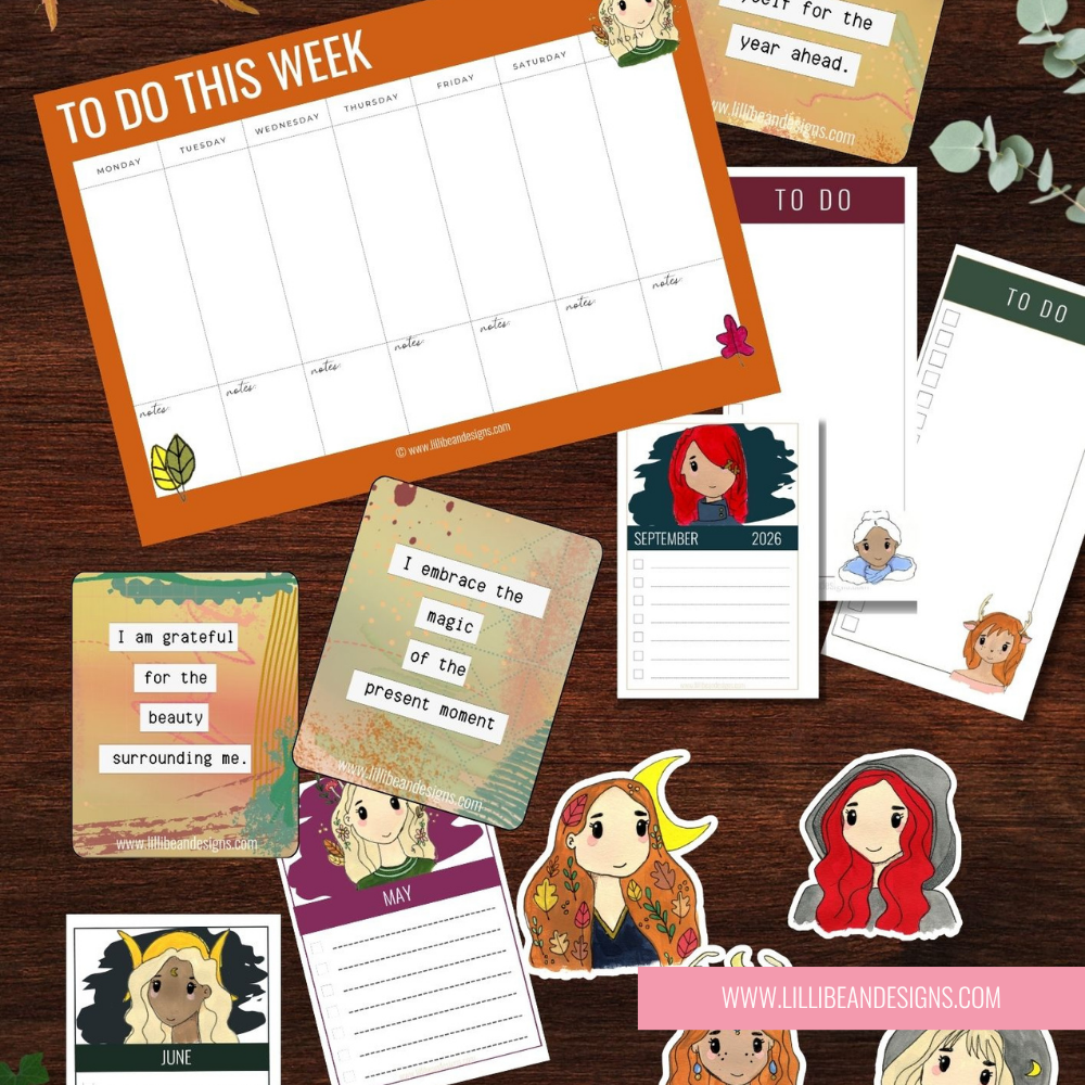 A flat lay of printable planner and journaling pages with cartoon character illustrations on a dark wood background. The set includes a large orange-bordered weekly to-do planner, monthly to-do cards, affirmation notes, and character stickers.