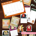 A flat lay of printable planner and journaling pages with cartoon character illustrations on a dark wood background. The set includes a large orange-bordered weekly to-do planner, monthly to-do cards, affirmation notes, and character stickers.