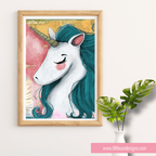 Framed artwork of a unicorn with teal hair on a white wall.