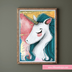 Framed artwork of a unicorn with teal hair and pink accents on a gray wall.