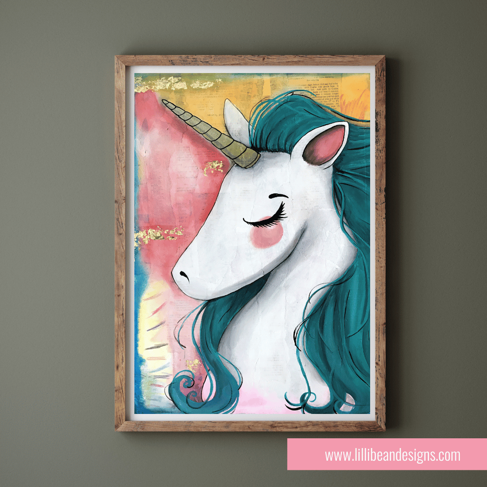 Framed artwork of a unicorn with teal hair and pink accents on a gray wall.