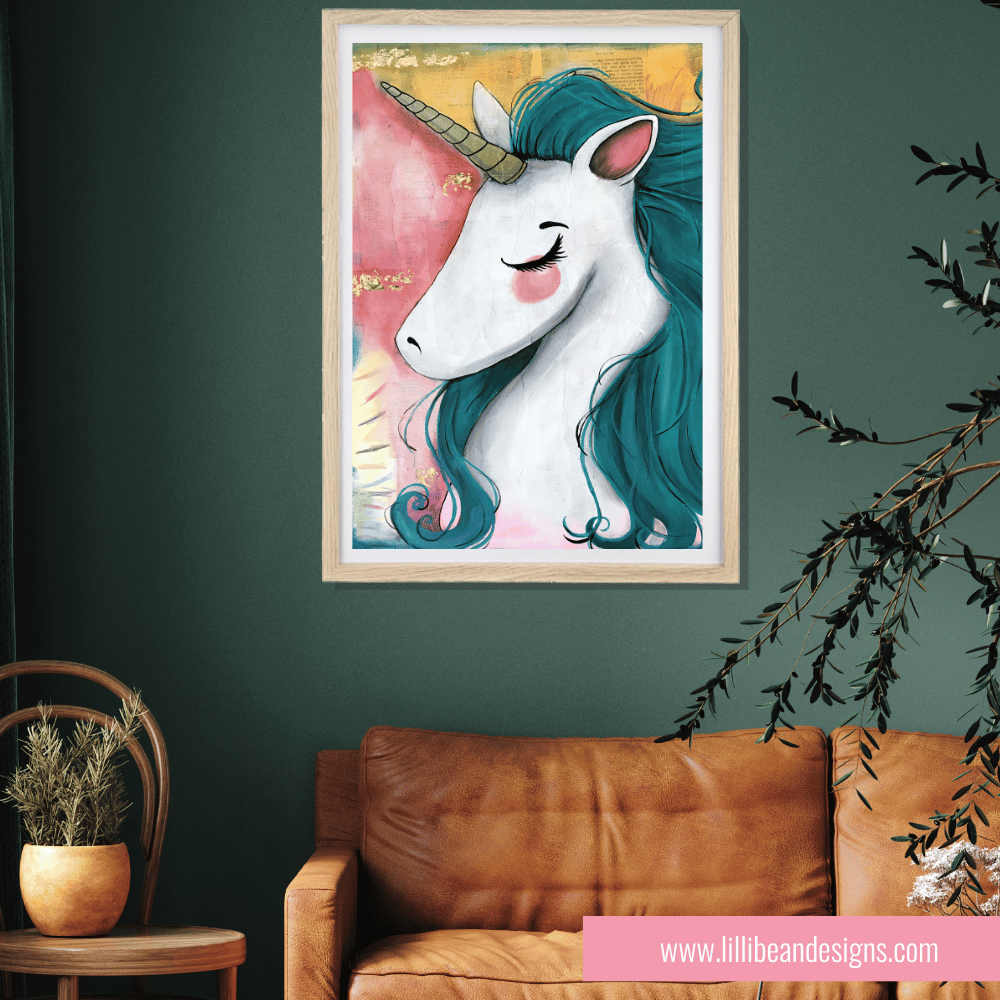 Framed illustration of a unicorn with teal hair on a dark green wall above a brown leather sofa.