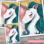 Illustration of a unicorn with teal hair on a colorful background, repeated in different sizes.