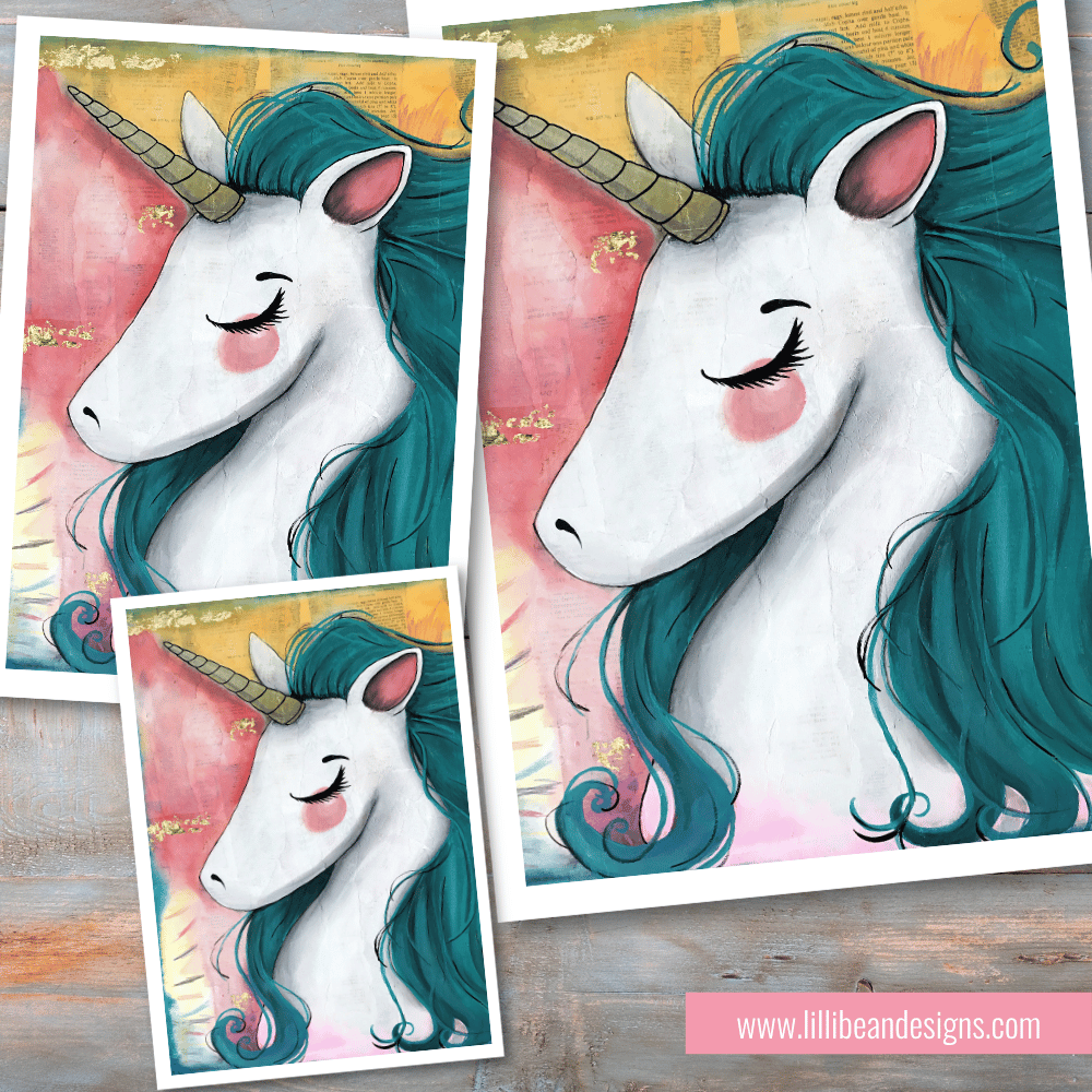 Illustration of a unicorn with teal hair on a colorful background, repeated in different sizes.