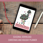 A tablet on a rustic wood surface displaying a Christmas-themed digital planner cover with a camel illustration and colorful holiday lights. A red rope, wrapped gift, and white stylus are placed around it, with a pink banner at the bottom reading 'SEASONAL DOWNLOAD: CHRISTMAS AND HOLIDAY PLANNER'.