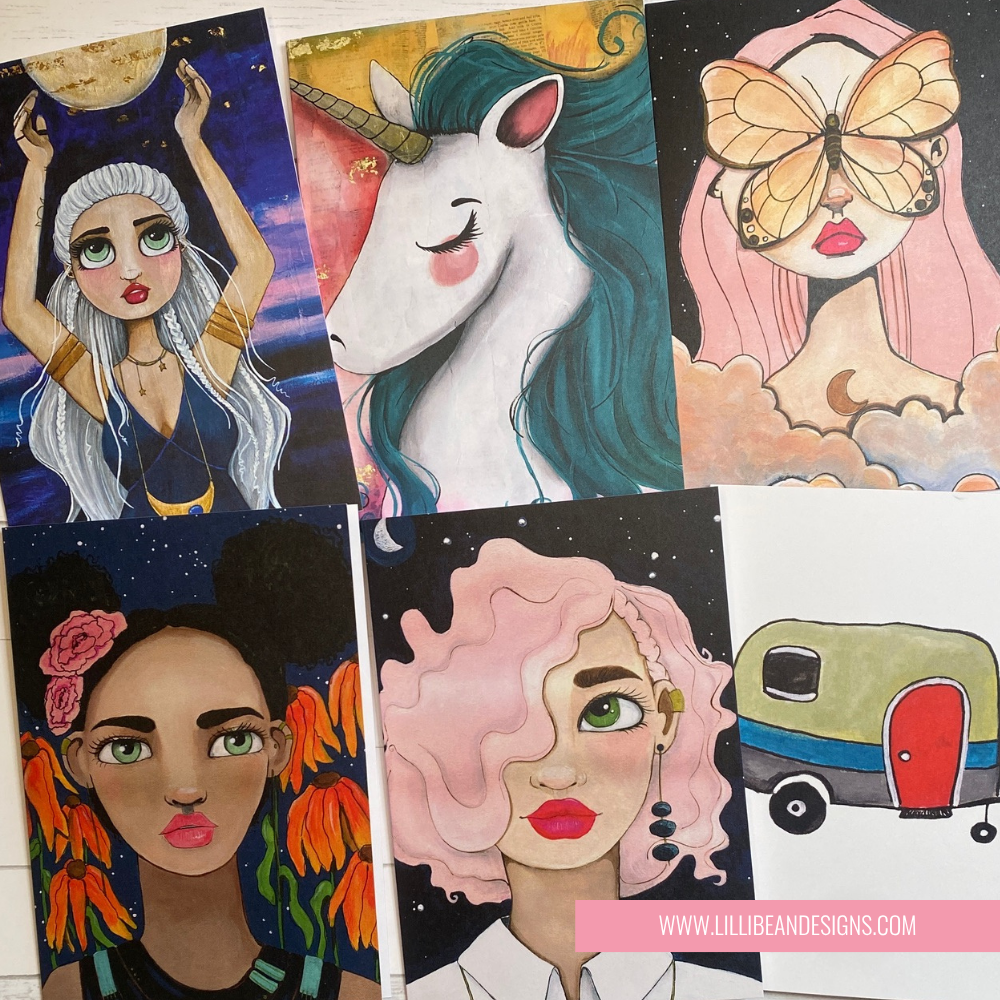 Collage of artistic illustrations featuring women, a unicorn, and a woman with a butterfly on her face, with a visible website URL at the bottom.