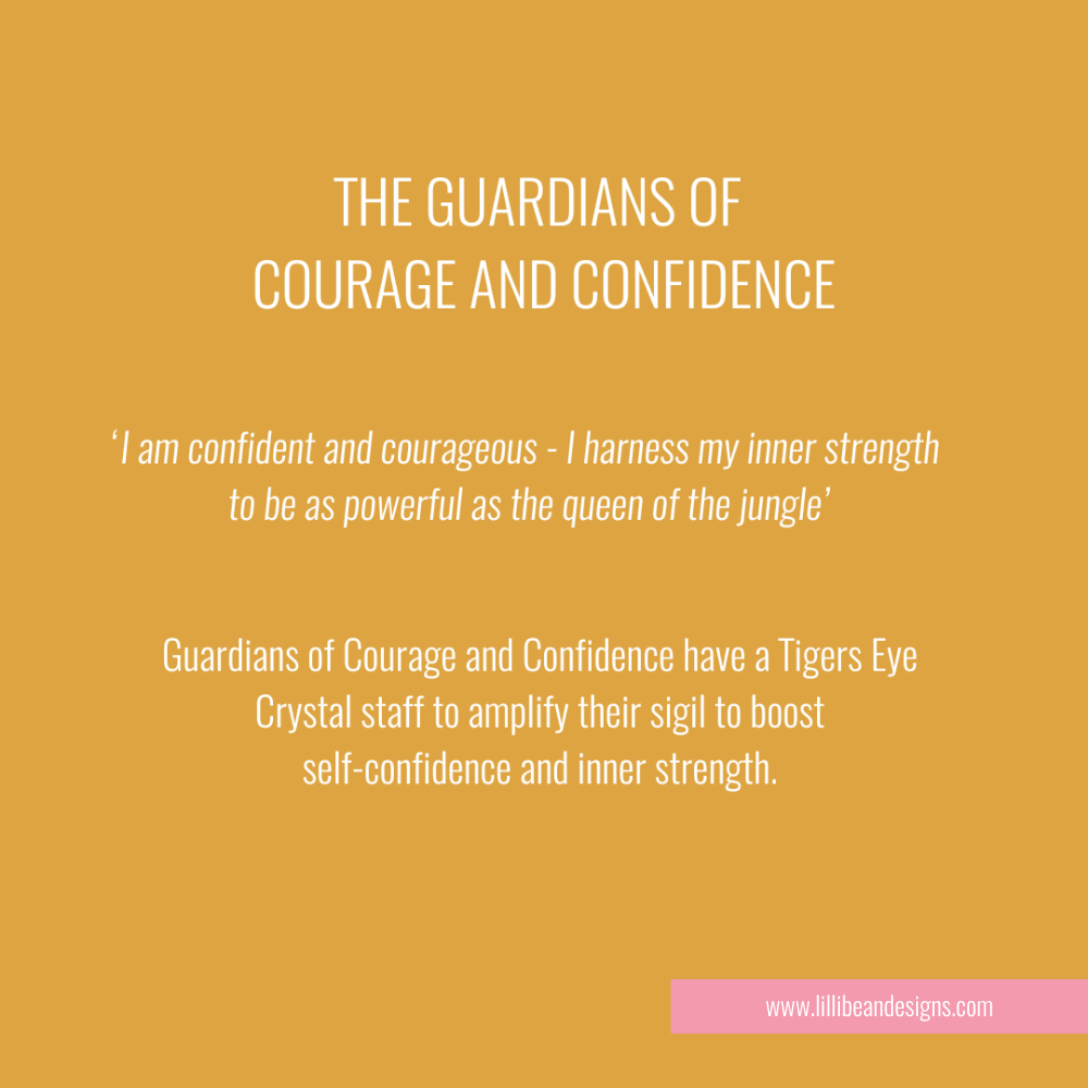 Text on a mustard yellow background about courage, confidence, and a crystal staff with a website URL.