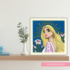 Framed artwork of a stylized portrait with a blue background and floral elements on a shelf.