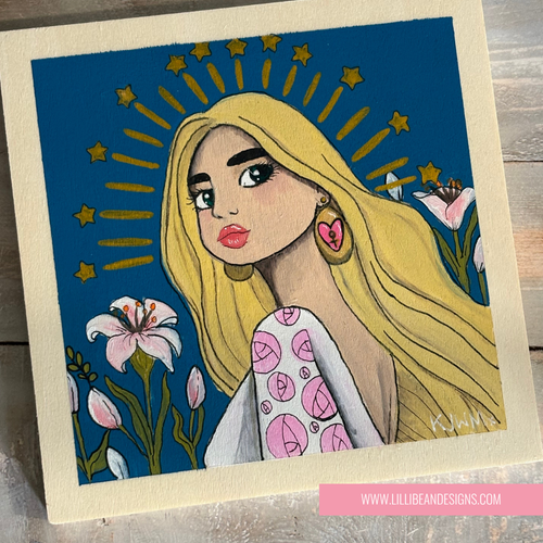 Illustration of a woman with blonde hair and floral earrings on a blue background with flowers.