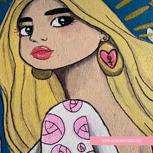 Illustration of a woman with blonde hair and heart-shaped earrings on a blue background.