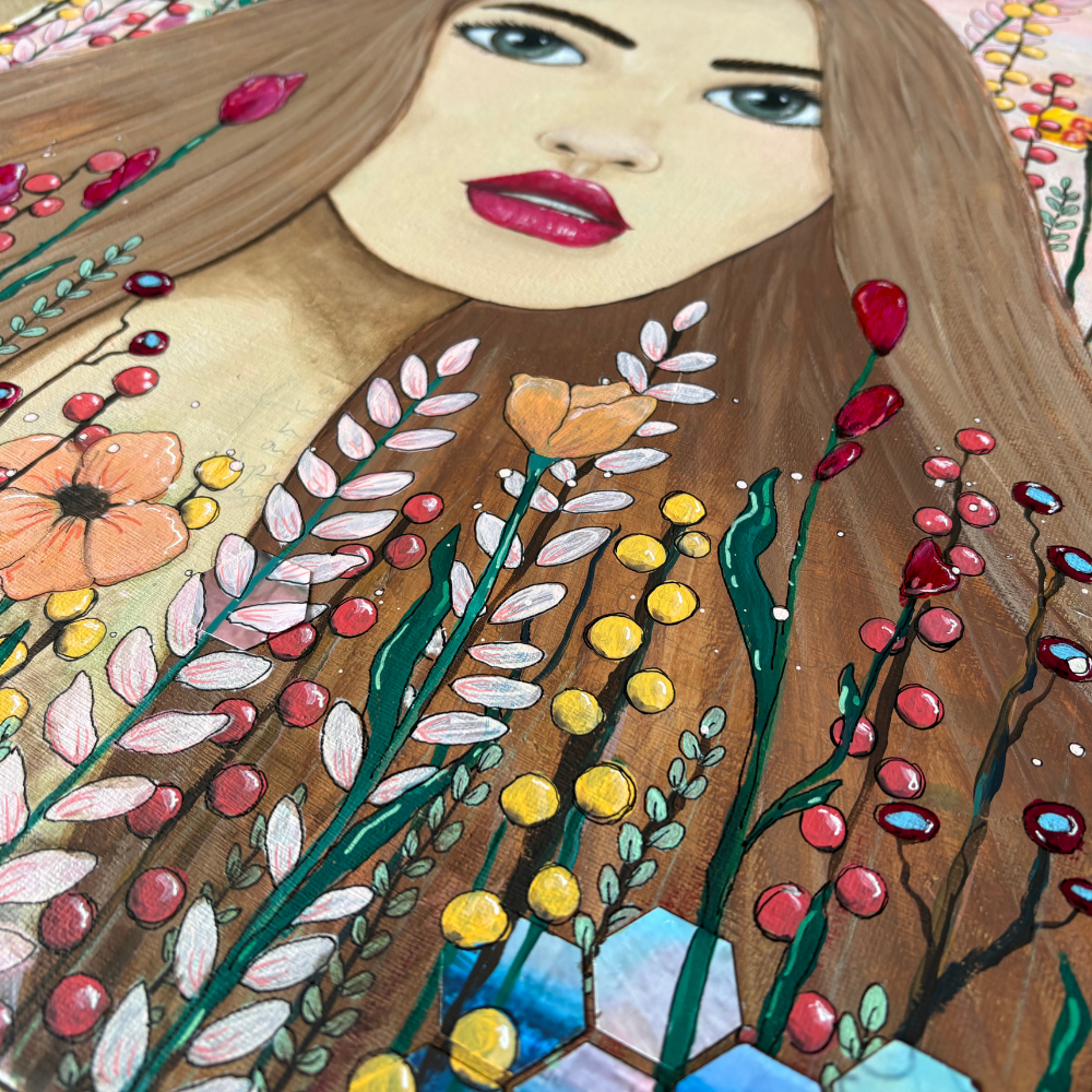 Illustration of a woman with flowers and nature elements