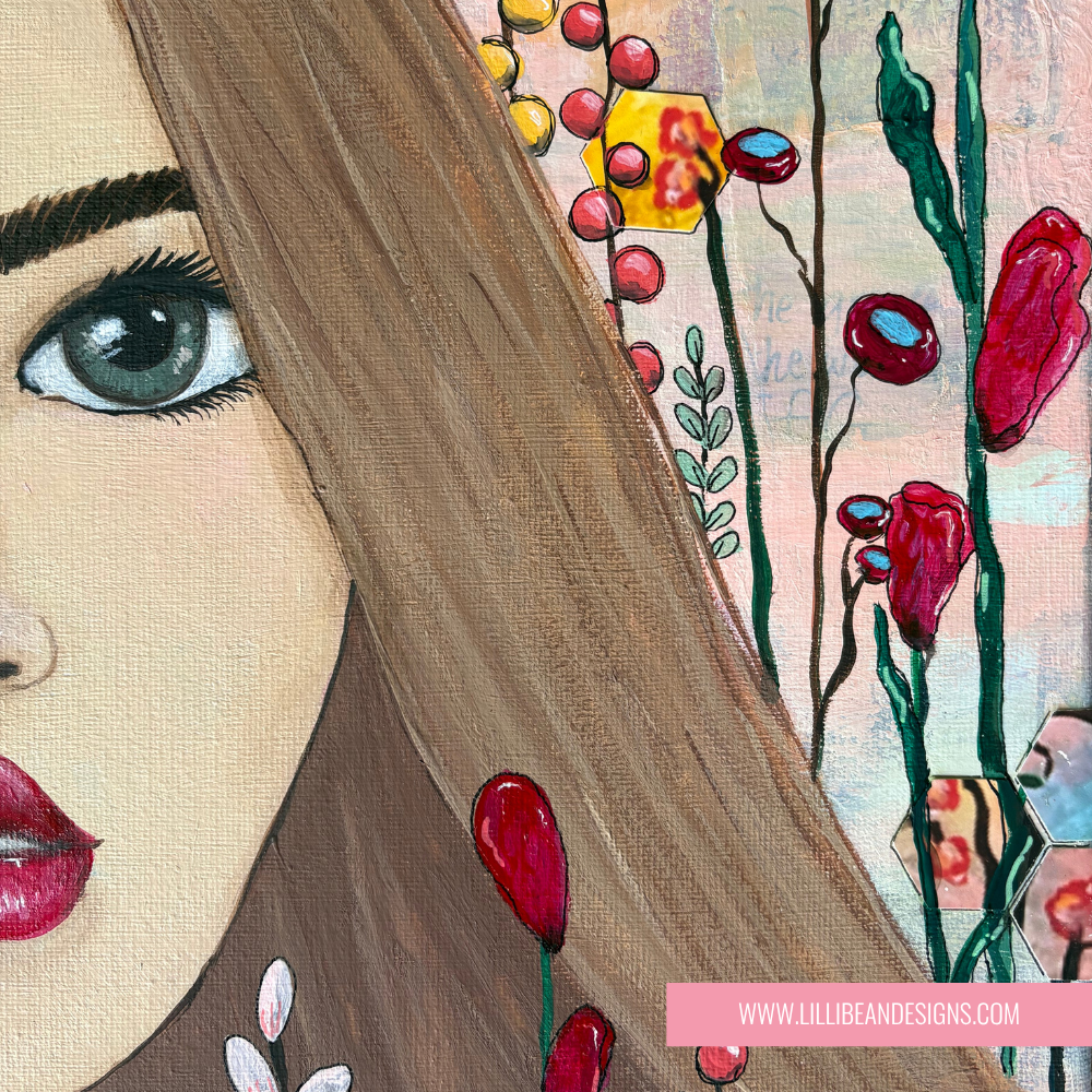 Artistic depiction of a woman's face with flowers and a floral design in the background.