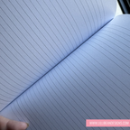 Close-up of a notebook with lined pages, held by a hand.