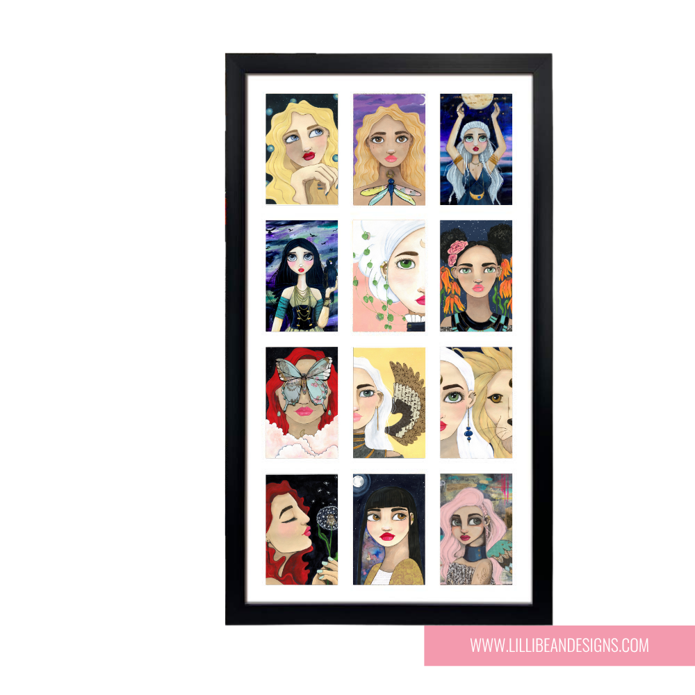 framed artworks of stylized female characters with a wooden frame on a white background.