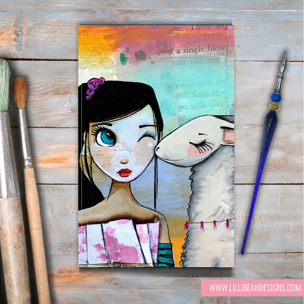 Artistic depiction of a girl and a sheep on a colorful background with painting tools.