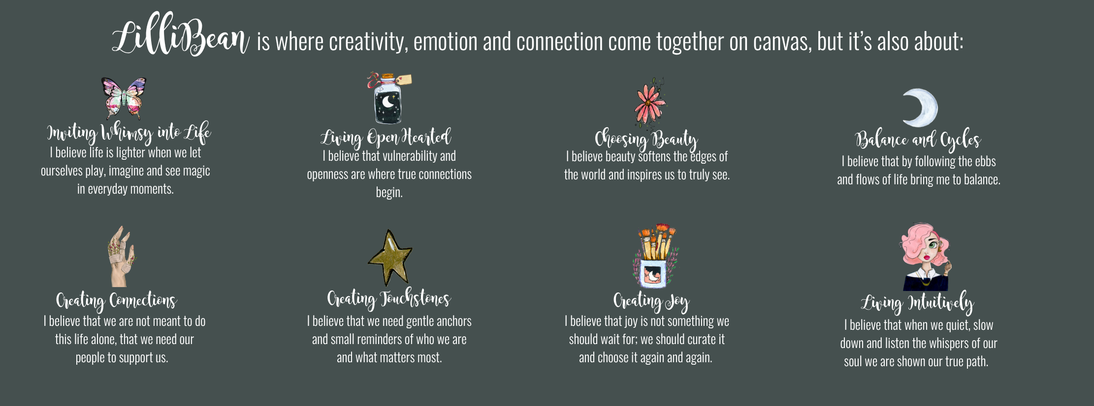 LilliBear brand description with icons and text on a dark background core values LilliBean Designs