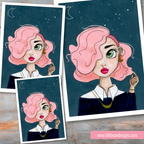 Illustration of a woman with pink hair on a starry night background, displayed on a wooden surface.