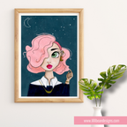 Framed illustration of a woman with pink hair against a starry night sky, next to a plant on a white wall.