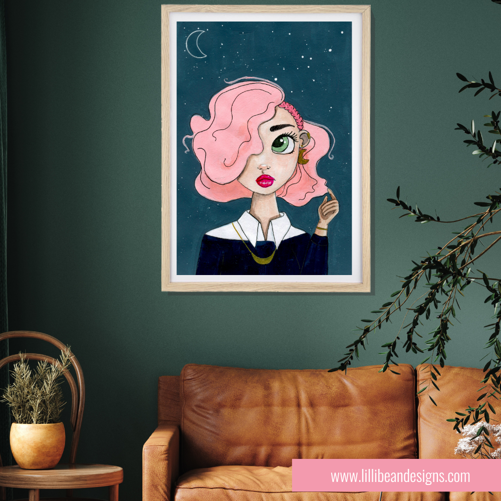 Framed artwork of a stylized woman with pink hair on a green wall above a brown sofa.