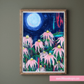 Framed artwork of pink flowers under a night sky with a full moon on a green wall.