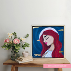 framed canvas of a red head girl eyes closed and hand on chest