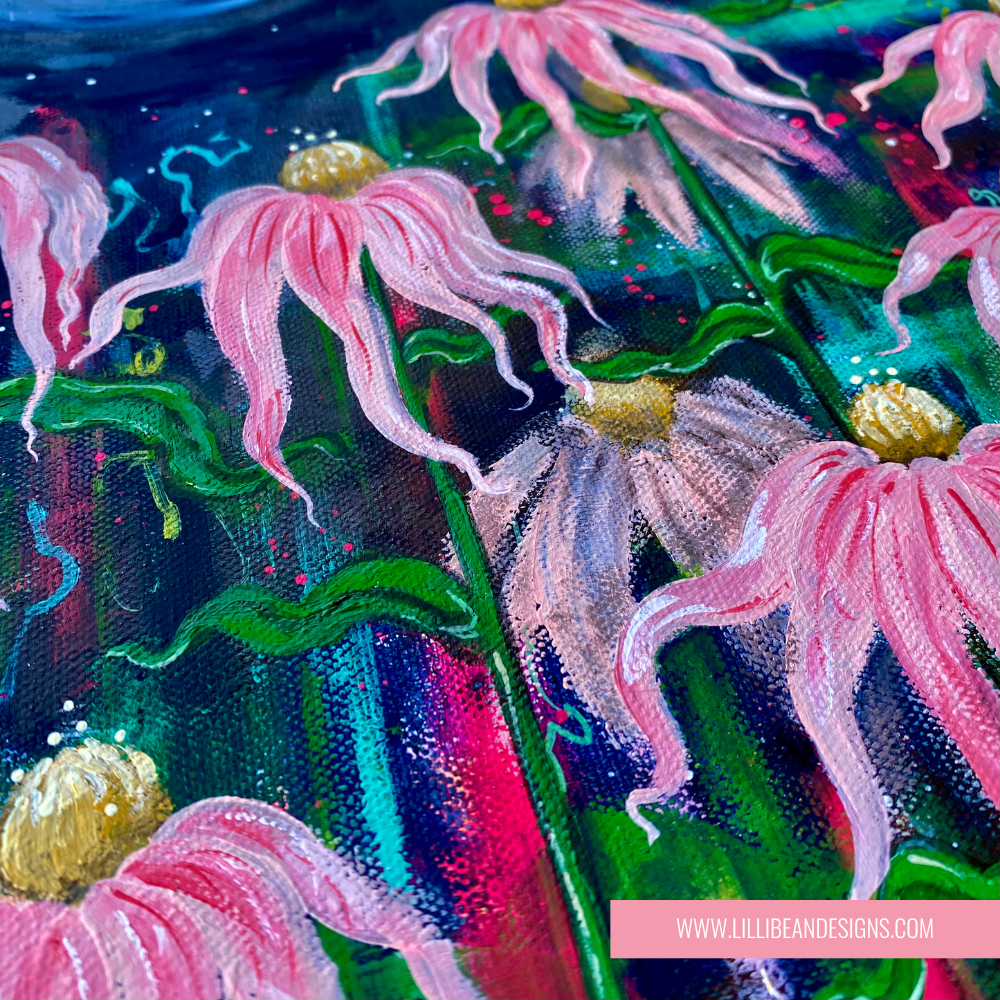 Close-up of pink echinacea flowers with green leaves on a colourful background, featuring the artist's website.