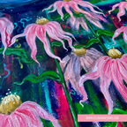 Close-up of pink echinacea flowers with green leaves on a colourful background, featuring the artist's website.