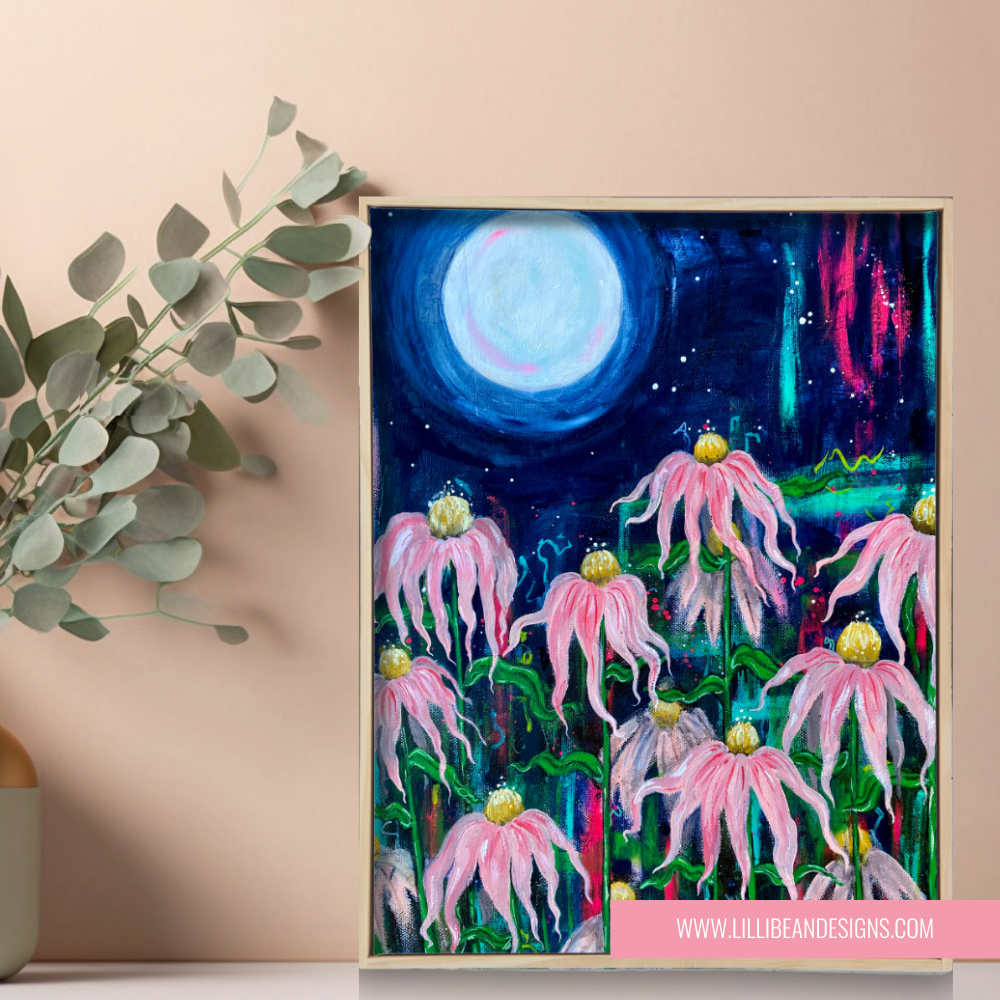 framed canvas with bright pink echinacea flowers under the moonlight