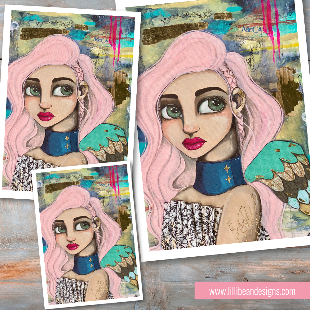 Collage of artistic illustrations of a woman with pink hair and a blue choker on a textured background.