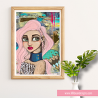Framed artwork of a woman with pink hair and a colorful background on a white wall.