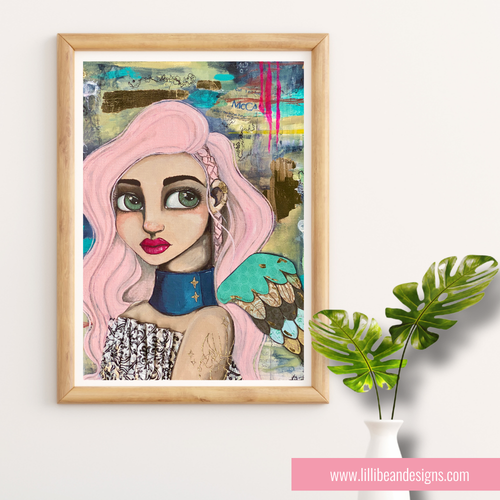 Framed artwork of a woman with pink hair and a colorful background on a white wall.