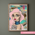 Framed artwork of a woman with pink hair on a gray wall, featuring the website www.lillibean designs.com.