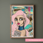 Framed artwork of a woman with pink hair on a gray wall, featuring the website www.lillibean designs.com.