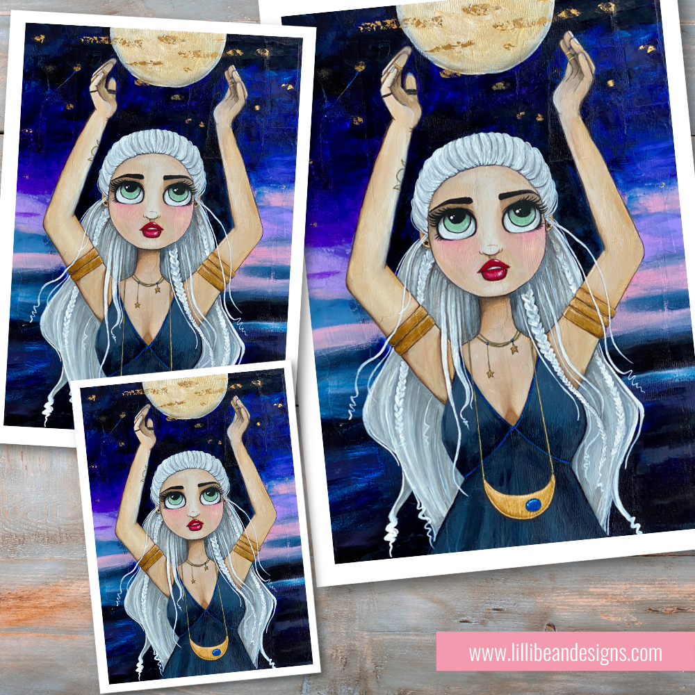 Illustration of a woman holding the moon with a starry night background, repeated on a wooden surface.