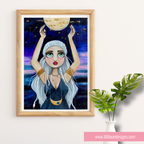 Framed artwork of a woman holding the moon against a starry night sky, with a plant to the right on a white wall.