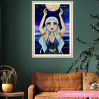 Framed artwork of a woman holding the moon above her head in a room with a brown leather couch and plant.
