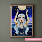 Framed artwork of a woman holding the moon against a starry night sky.